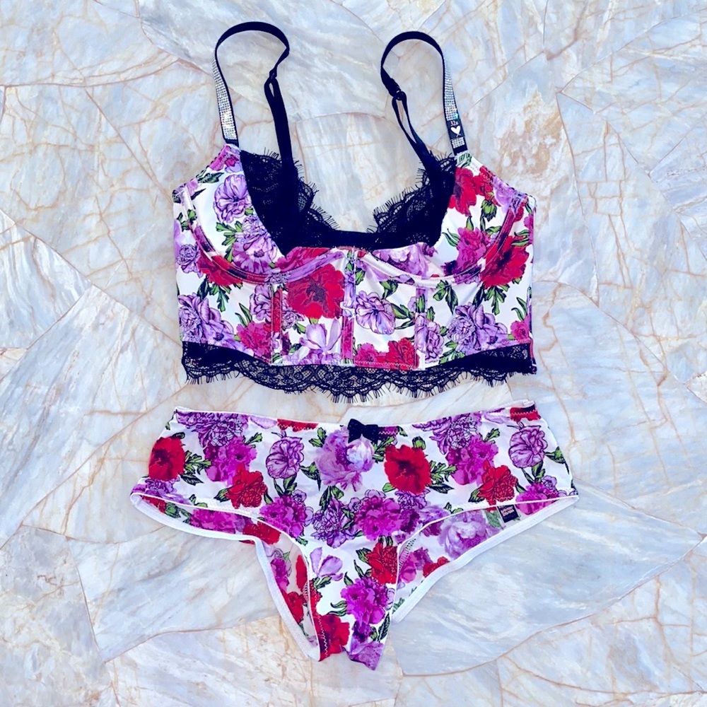 2 piece matching set 32B Corset Bra Top XS thong Panty Floral New